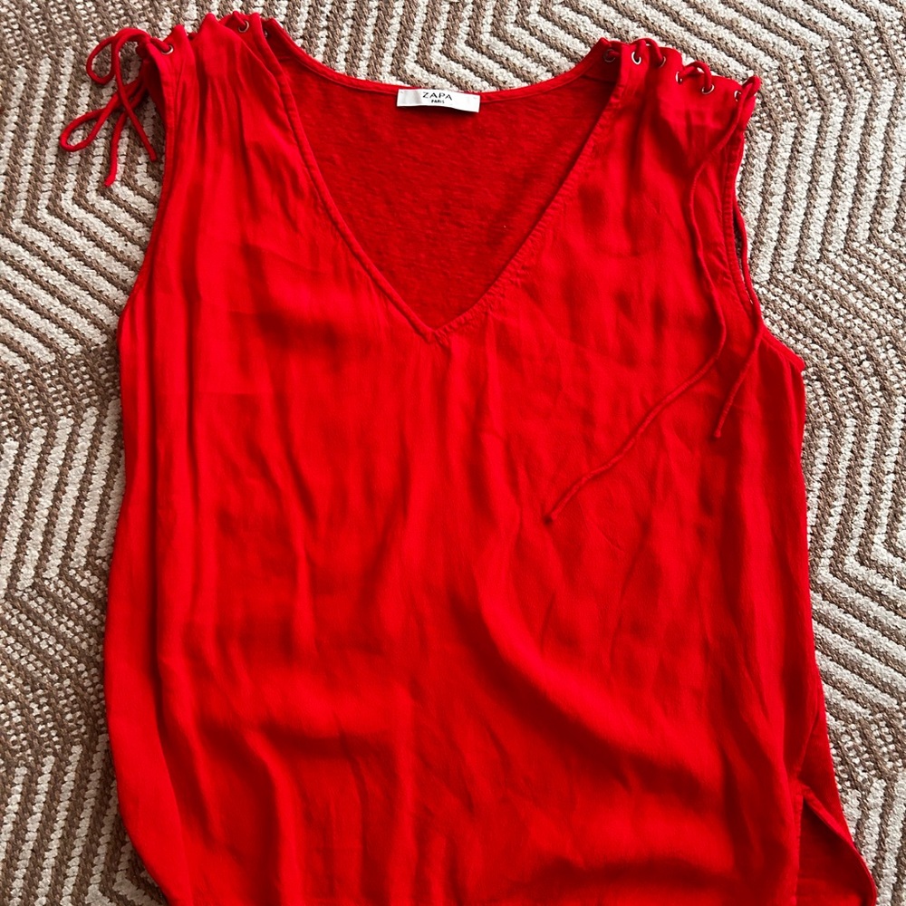 ZAPA Paris Red Sleeveless V-Neck Lace-Up Shoulder Blouse – Size 2